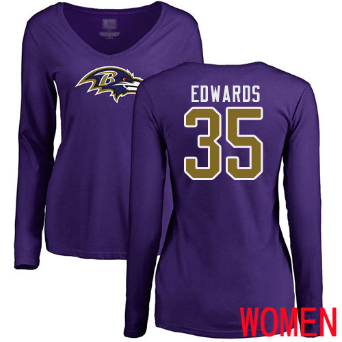 Baltimore Ravens Purple Women Gus Edwards Name and Number Logo NFL Football #35 Long Sleeve T Shirt